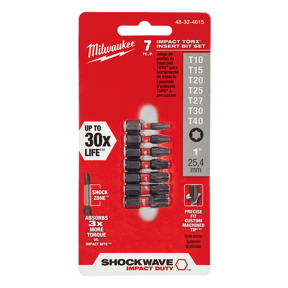 Milwaukee SHOCKWAVE? Insert Bit Set 7 Pce
T10, T15, T20, T25, T27, T30, T40