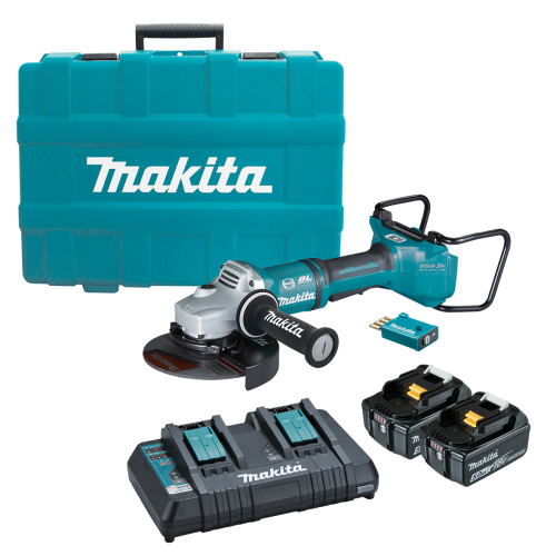 Makita 18Vx2 BRUSHLESS AWS 180mm Paddle Switch Angle Grinder Kit - Includes 2 x 5.0Ah Batteries, Dual Port Rapid Charger & Carry Case