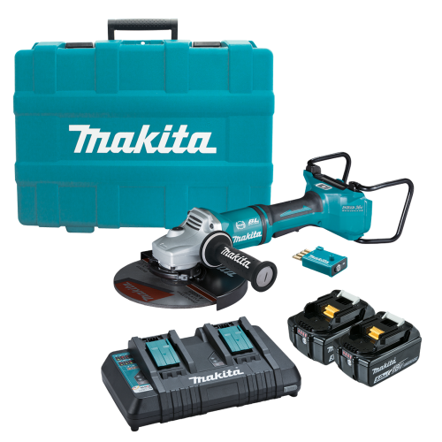 Makita 18Vx2 BRUSHLESS AWS 230mm Paddle Switch Angle Grinder Kit - Includes 2 x 5.0Ah Batteries, Dual Port Rapid Charger