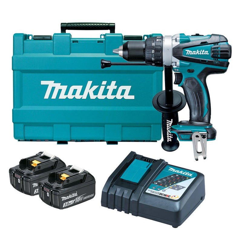 Makita 18V Heavy Duty Hammer Driver Drill Kit - Includes 2 x 3.0Ah Batteries, Rapid Charger & Carry Case