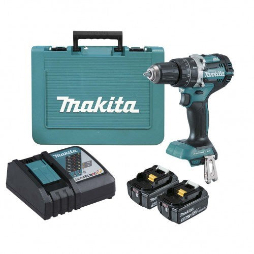 Makita 18V COMPACT BRUSHLESS Heavy Duty Hammer Driver Drill Kit - Includes 2 x 5.0Ah Batteries, Rapid Charger & Carry Case