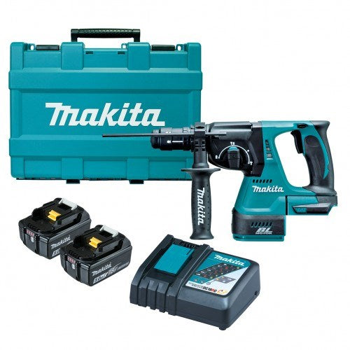 Makita 18V BRUSHLESS 24mm Quick Change Chuck Rotary Hammer Kit - Includes 2 x 5.0Ah Batteries, Rapid Charger & Carry Case