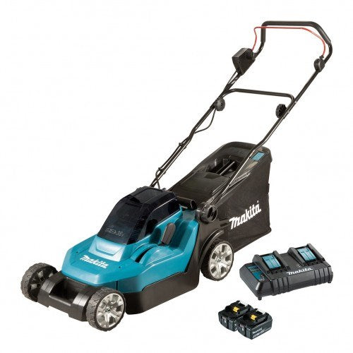 Makita 18Vx2 380mm (15") Lawn Mower Kit - Includes 2 x 5.0Ah Batteries & Dual Port Standard Charger