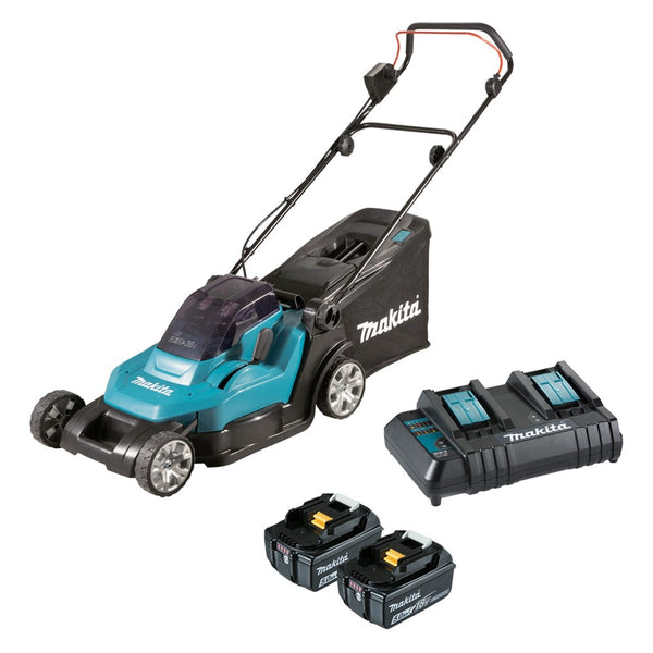 Makita 18Vx2 430mm (17") Lawn Mower Kit - Includes 2 x 5.0Ah Batteries & Dual Port Standard Charger