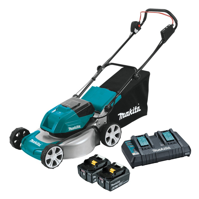 Makita 18Vx2 BRUSHLESS 460mm (18") Lawn Mower Kit, bar blade - Includes 2 x 6.0Ah Batteries & Dual Port Rapid Charger