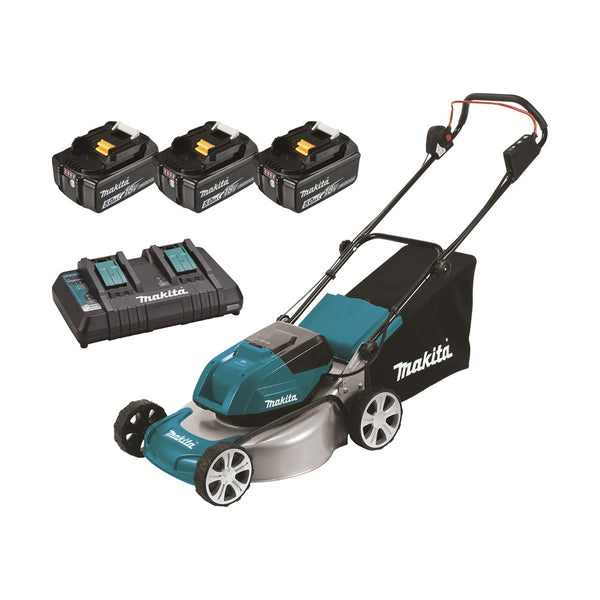 Makita 18Vx2 BRUSHLESS 460mm (18") Lawn Mower Kit, bar blade - Includes 3 x 5.0Ah Batteries & Dual Port Rapid Charger