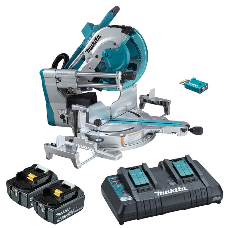 Makita 18Vx2 BRUSHLESS AWS 305mm (12") Slide Compound Saw Kit - Includes 2 x 5.0Ah Batteries & Dual Port Rapid Charger