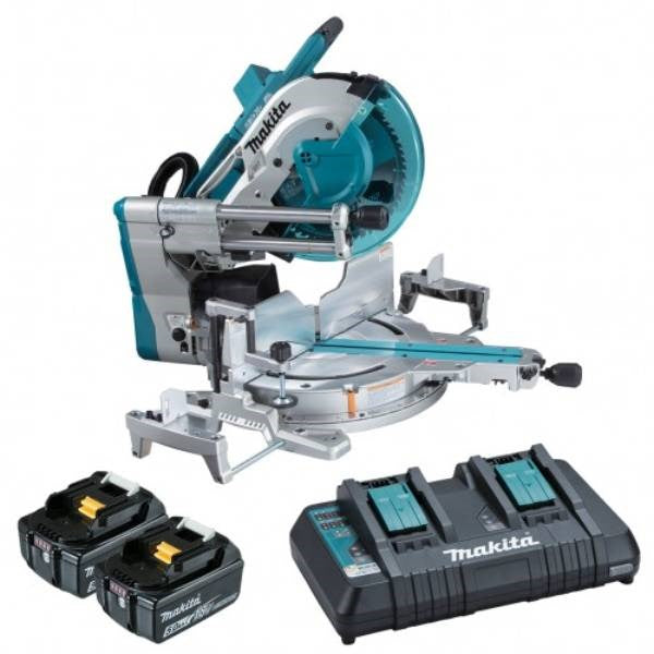 Makita 18Vx2 BRUSHLESS AWS* 305mm (12") Slide Compound Saw Kit - Includes 2 x 5.0Ah Batteries & Dual Port Rapid Charger *AWS Receiver sold separately (198901-5)