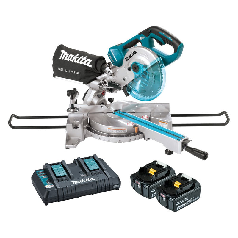 Makita 18Vx2 BRUSHLESS 190mm (7-1/2") Slide Compound Saw Kit - Includes 2 x 5.0Ah Batteries & Dual Port Rapid Charger