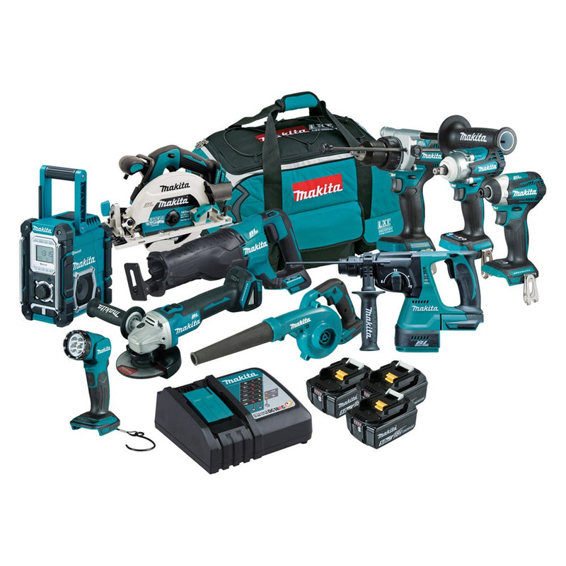 Makita 10 Piece BRUSHLESS Combo Kit - DHP486Z, DTD154Z, DGA504Z, DHS680Z, DHR242Z, DJR187Z, DTW300Z, DUB185Z*, DMR108N, DML815, 3 x BL1850B, DC18RC & 199936-9