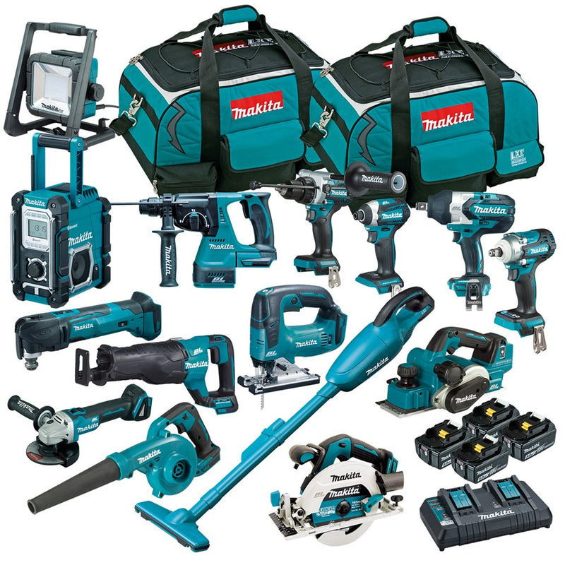 Makita 15 Piece BRUSHLESS Combo Kit - DHP486Z, DTD154Z, DGA504Z, DHS680Z, DHR242Z, DJR187Z, DTW300Z, DTW1001Z, DJV182Z, DKP181Z, DTM51Z*, DUB185Z*, DCL180Z*, DMR108N, DML805, 4 x BL1850B, DC18RD & 2x 199936-9