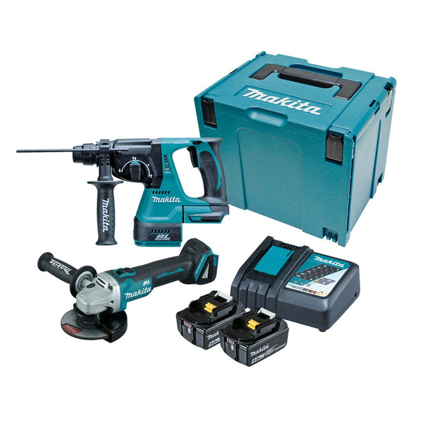 Makita 2 Piece BRUSHLESS Combo Kit - DHR242Z, DGA504Z, 2 x BL1850B, DC18RC & MakPac Case