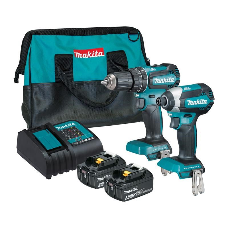 Makita 2 Piece BRUSHLESS Combo Kit - DHP485Z, DTD153Z, 2 x BL1830B, DC18SD & Tote Bag