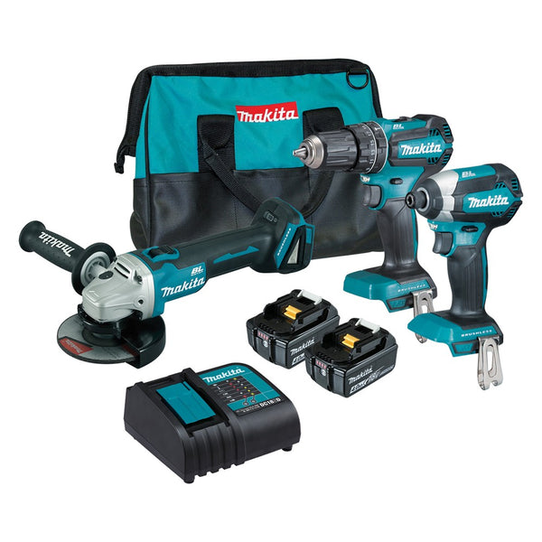 Makita 3 Piece BRUSHLESS Combo Kit - DHP485Z, DTD153Z, DGA504Z, 2 x BL1840B, DC18SD & Carry Bag