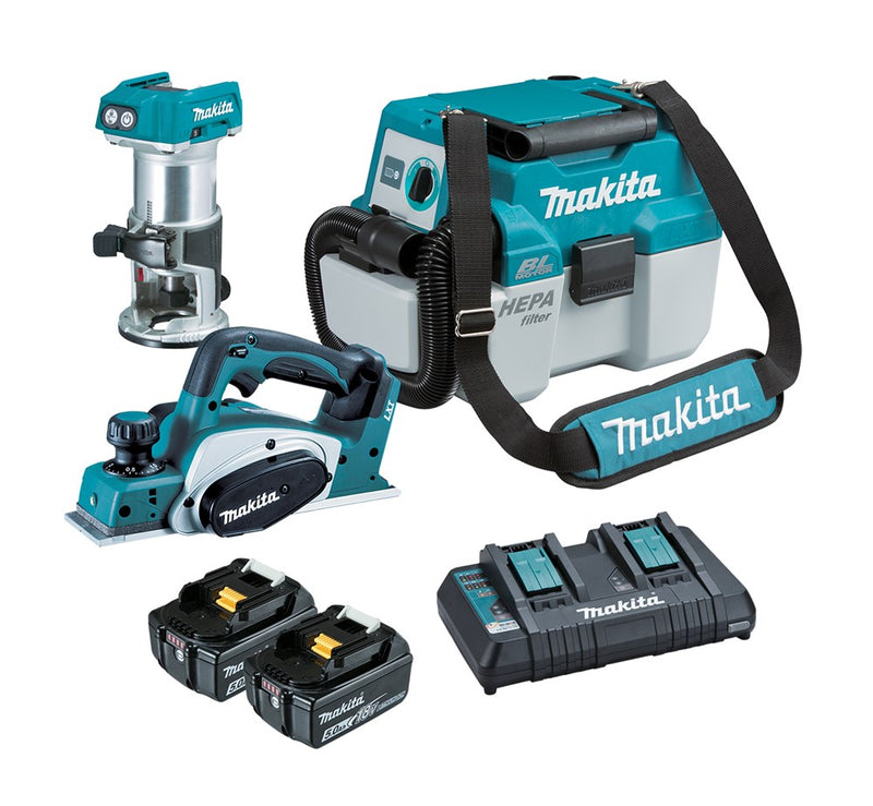 Makita 3 Piece BRUSHLESS Combo Kit - DVC750LZX1, DRT50Z, DKP180Z*, 2 x BL1850B, DC18RD