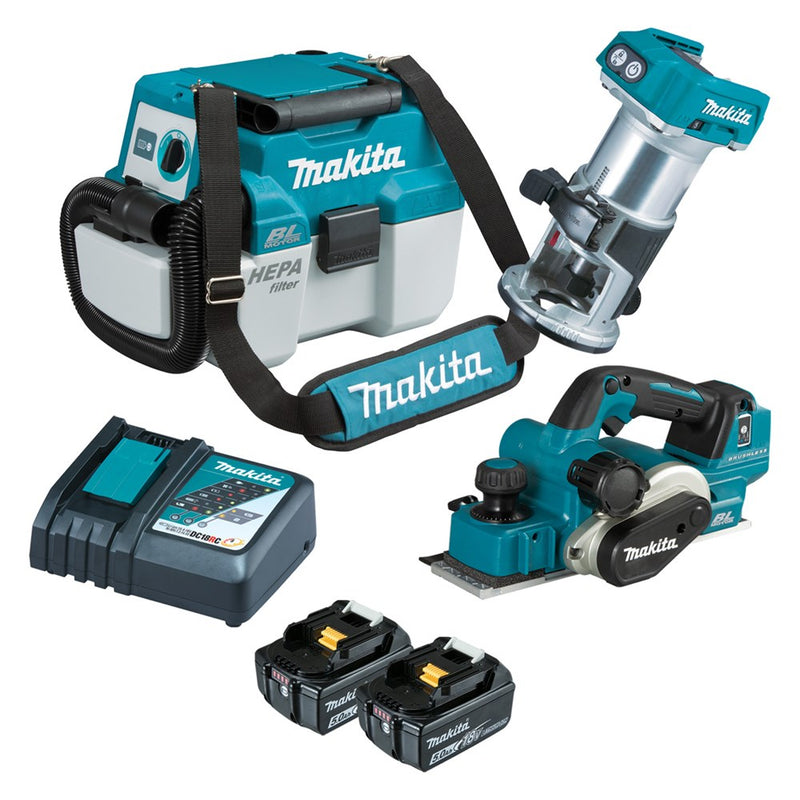 Makita 3 Piece BRUSHLESS Combo Kit - DVC750LZX1, DRT50Z, DKP181Z, 2 x BL1850B, DC18RC