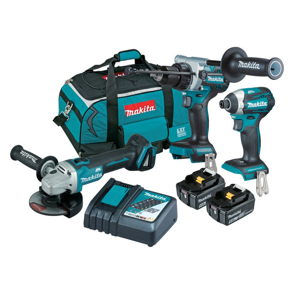 Makita 3 Piece BRUSHLESS Combo Kit - DHP486Z, DTD154Z, DGA504Z, 2 x BL1850B, DC18RC & Carry Bag