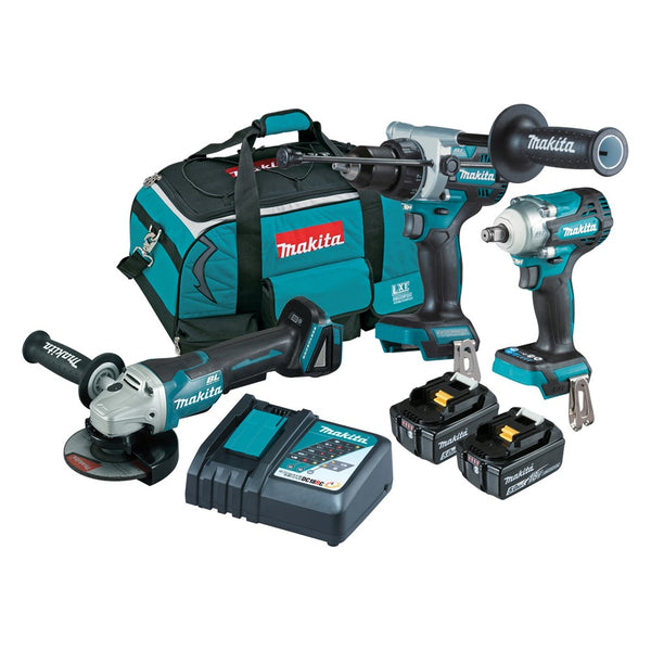 Makita 3 Piece BRUSHLESS Combo Kit - DHP486Z, DTW300Z, DGA508Z, 2 x BL1850B, DC18RC & Carry Bag