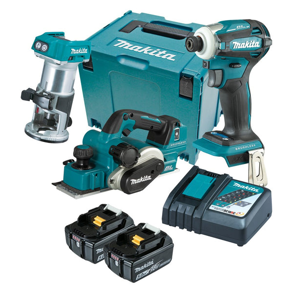 Makita 3 Piece BRUSHLESS Combo Kit - DTD172Z, DRT50Z, DKP181Z, 2 x BL1850B, DC18RC & MakPac Case