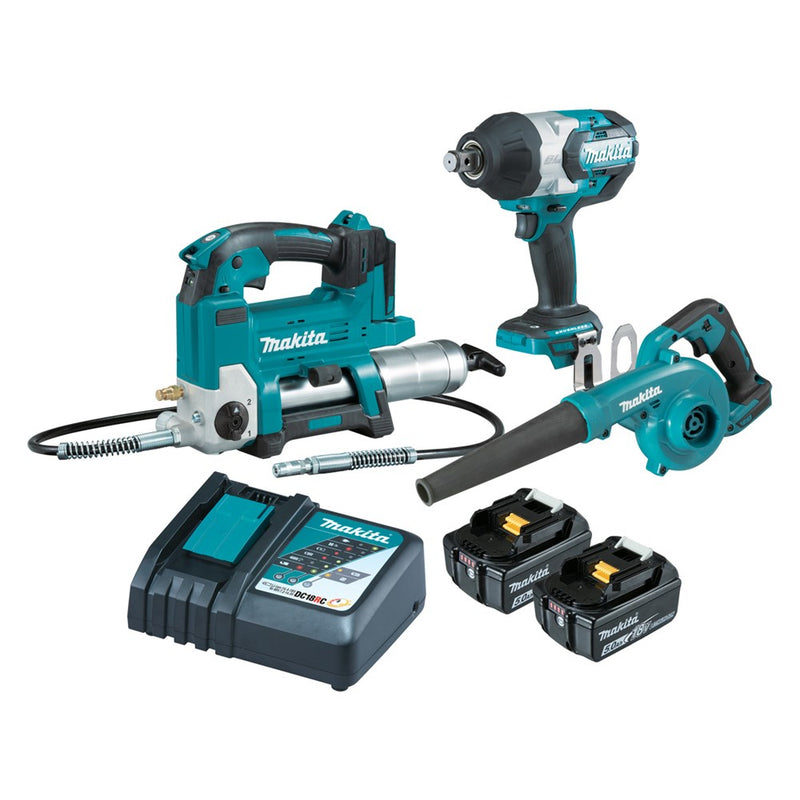 Makita 3 Piece Combo Kit DGP180ZBK DTW1001Z DUB185Z 2 x BL1850B