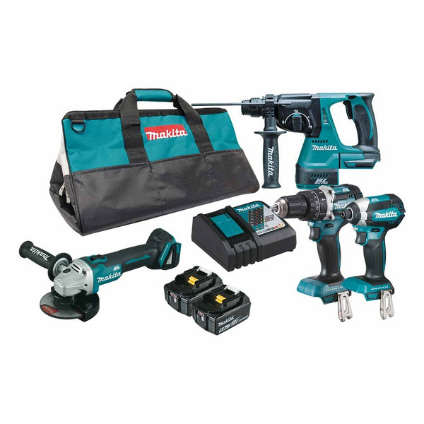 Makita 4 Piece BRUSHLESS Combo Kit - DHP484Z, DTD153Z, DGA504Z, DHR242Z, 2 x BL1850B, DC18RC & Tote Carry Bag