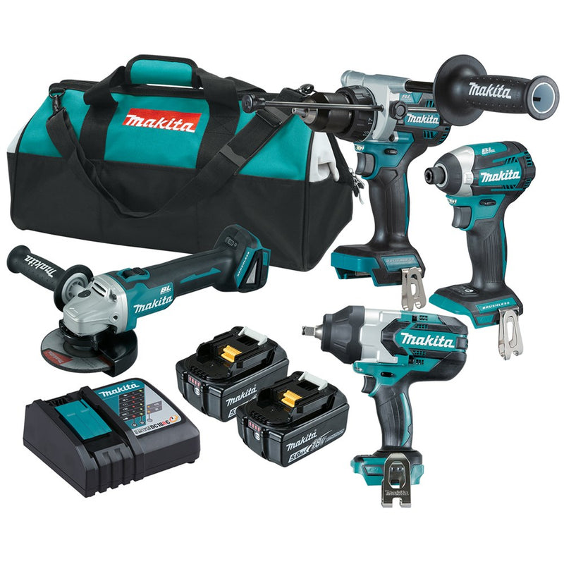 Makita 4 Piece BRUSHLESS Combo Kit - DHP486Z, DTD154Z, DGA504Z, DTW1002Z, 2 x BL1850B, DC18RC & Tote Carry Bag