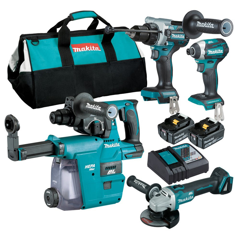 Makita 4 Piece BRUSHLESS Combo Kit - DHP486Z, DTD154Z, DGA504Z, DHR242Z, DX06, 2 x BL1850B, DC18RC & Tote Carry Bag