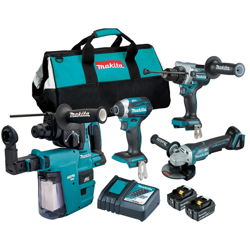 Makita 4 Piece BRUSHLESS Combo Kit - DHP486Z, DTD154Z, DGA505Z, DHR242Z, DX06, 2 x BL1850B, DC18RC & Tote Carry Bag