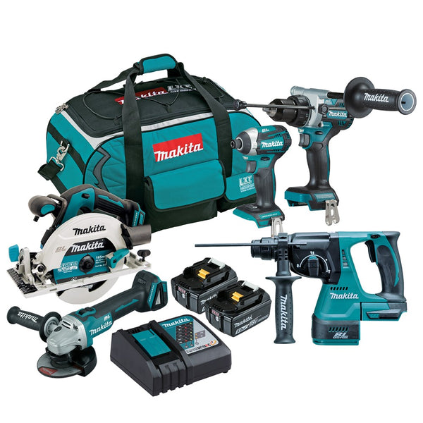 Makita 5 Piece BRUSHLESS Combo Kit - DHP486Z, DTD154Z, DGA504Z, DHS680Z, DHR242Z, 2 x BL1850B, DC18RC & 199936-9