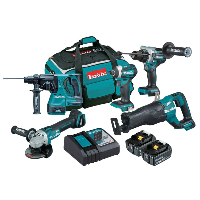 Makita 5 Piece BRUSHLESS Combo Kit - DHP486Z, DTD154Z, DGA504Z, DJR187Z, DHR242Z, 2 x BL1850B, DC18RC & 199936-9