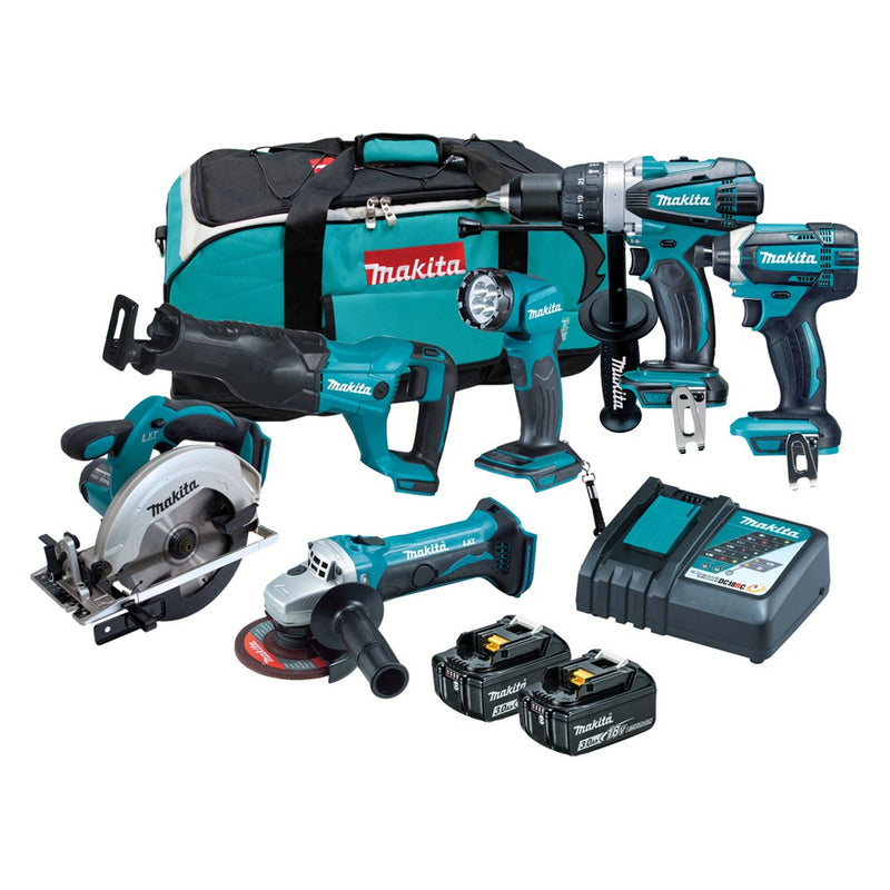 Makita 6 Piece Combo Kit - DHP458Z, DTD152Z, DGA452Z, DSS611Z, DJR186Z, DML815, 2 x BL1830B, DC18RC & Carry Bag