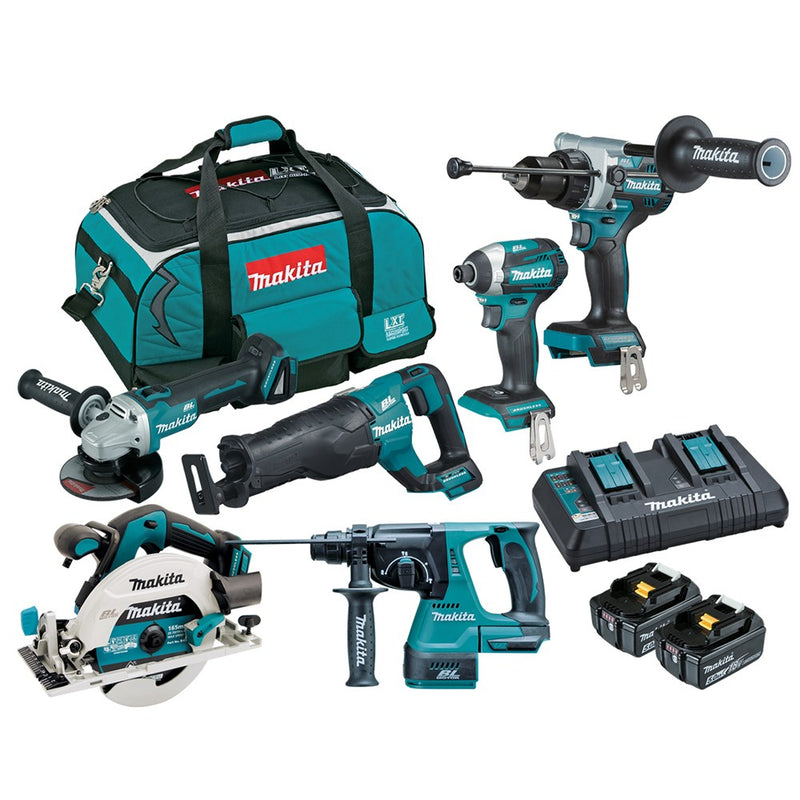 Makita 6 Piece BRUSHLESS Combo Kit - DHP486Z, DTD154Z, DGA504Z, DHR242Z, DHS680Z, DJR187Z, 2 x BL1850B, DC18RD & Carry Bag