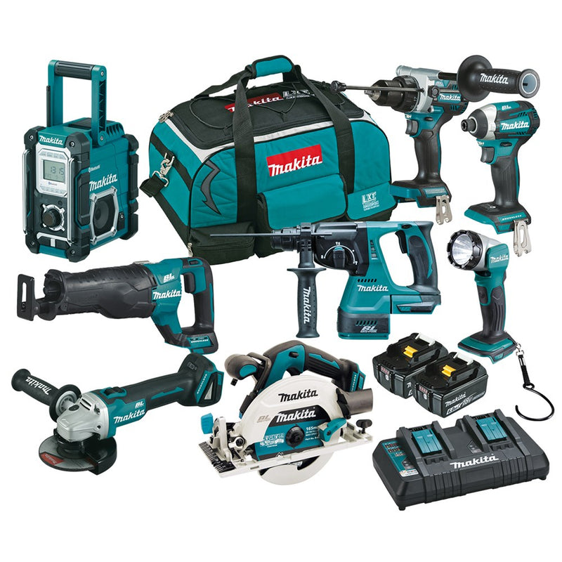 Makita 8 Piece BRUSHLESS Combo Kit - DHP486Z, DTD154Z, DGA504Z, DHS680Z, DHR242Z, DJR187Z, DMR108N, DML802,                
2 x BL1860B, DC18RD & Carry Bag