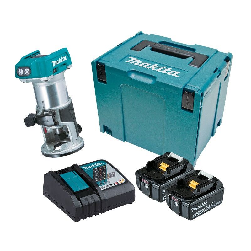 Makita 18V BRUSHLESS Laminate Trimmer Kit - Includes 2 x 5.0Ah Batteries, Rapid Charger & MakPac Case