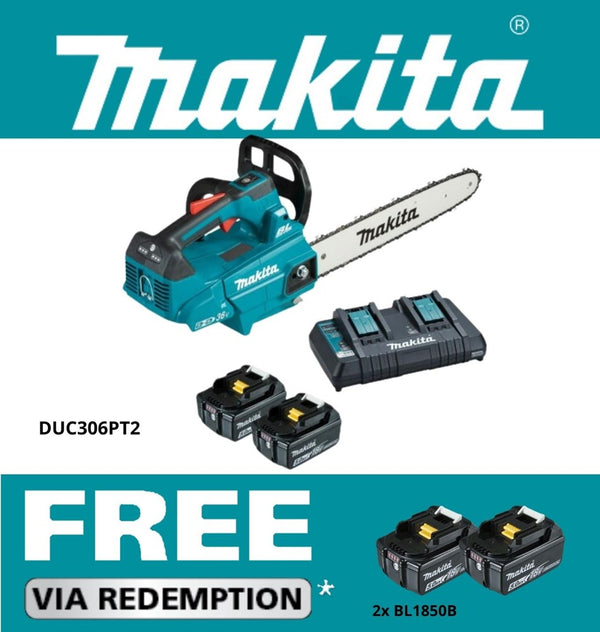 Makita 18Vx2 300mm BRUSHLESS Top Handle Chainsaw - Includes 2 x 5.0Ah Batteries & Dual Port Rapid Charger