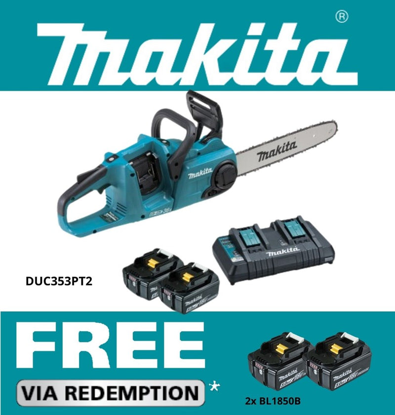 Makita 18Vx2 350mm BRUSHLESS Chainsaw Kit - Includes 2 x 5.0Ah Batteries & Dual Port Rapid Charger