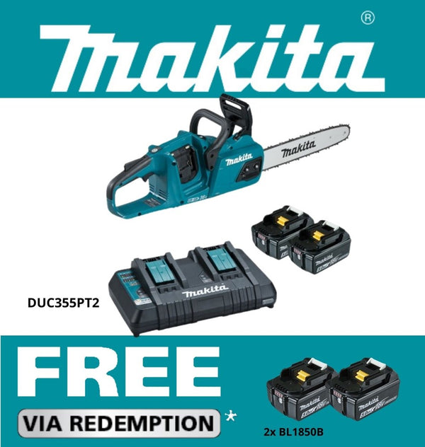 Makita 18Vx2 350mm BRUSHLESS Chainsaw with captive nuts Kit - Includes 2 x 5.0Ah Batteries & Dual Port Rapid Charger