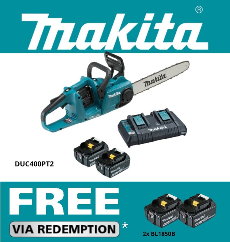 Makita 18Vx2 400mm BRUSHLESS Chainsaw Kit  - Includes 2 x 5.0Ah Batteries & Dual Port Rapid Charger