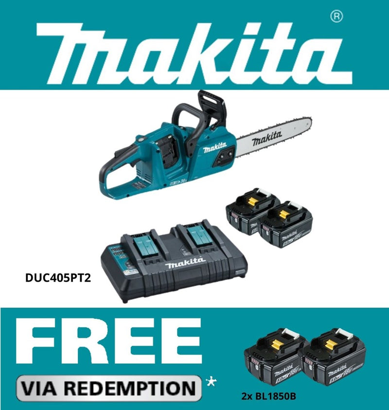 Makita 18Vx2 400mm BRUSHLESS Chainsaw with captive nuts Kit  - Includes 2 x 5.0Ah Batteries & Dual Port Rapid Charger