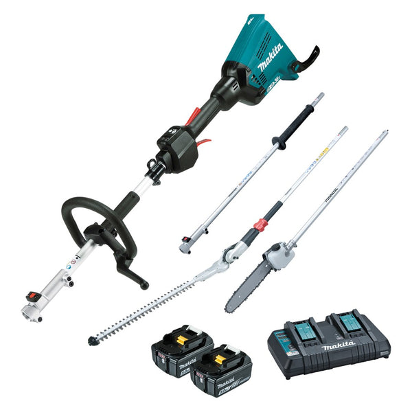 Makita 18Vx2 BRUSHLESS Multi-Function Powerhead, (LE400MP) Ext. Pole, (EY403MP) Pole Saw Attachment & (EN401MP) Hedge Trimmer Attachment Kit - Includes 2 x 5.0Ah Batteries & Dual Port Rapid Charger (BONUS EM409MP)