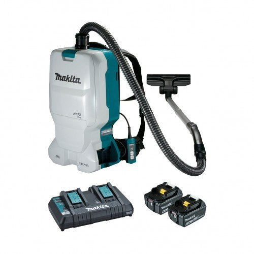 Makita 18Vx2 BRUSHLESS Backpack Vacuum Kit, 6L Tank Capacity - Includes 2 x 6.0Ah Batteries, Dual Port Rapid Charger