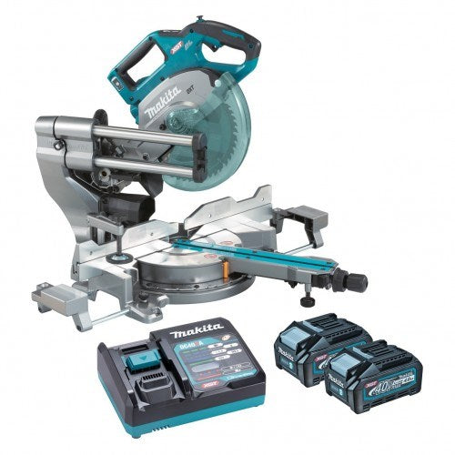 Makita 40V Max BRUSHLESS AWS* 216mm (8-1/2") Slide Compound Mitre Saw - Includes 2 x 4.0Ah Batteries & Single Port Rapid Charger *AWS Receiver sold separately (198901-5)