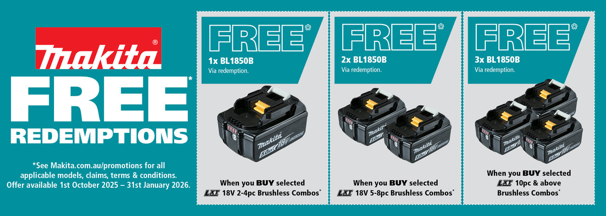Makita promotional banner with battery packs and redemption details.