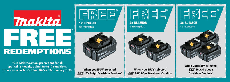 Makita promotional banner with battery packs and redemption details.