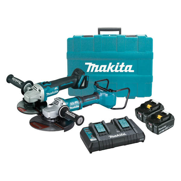 Makita 2 Piece BRUSHLESS Combo Kit - DGA900Z01K, DGA504Z, 2 x BL1850B & DC18RD & Carry Case
