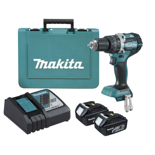 Makita 18V COMPACT BRUSHLESS Heavy Duty Hammer Driver Drill Kit - Includes 2 x 3.0Ah Batteries, Charger & Carry Case