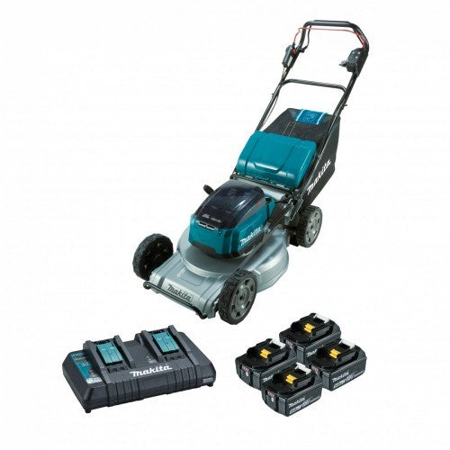 Makita 18Vx2 BRUSHLESS Self-Propelled 534mm (21") Lawn Mower Kit, Aluminium Deck - Includes 4 x 5.0Ah Batteries
& Dual Port Rapid Charger