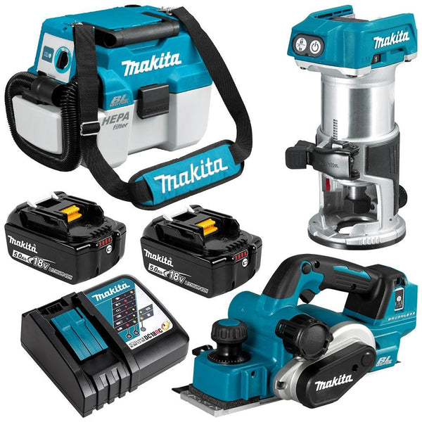 Makita 3 Piece BRUSHLESS Combo Kit - DVC750LZX1, DRT50Z, DKP181Z, 2 x BL1850B, DC18RC