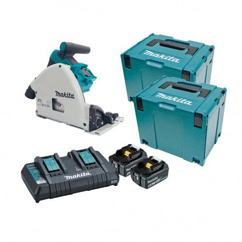 Makita 18Vx2 BRUSHLESS 165mm Plunge Saw Kit - Includes 2 x 5.0Ah Batteries, Dual Port Rapid Charger, 1400mm track & 2 x MakPac Case