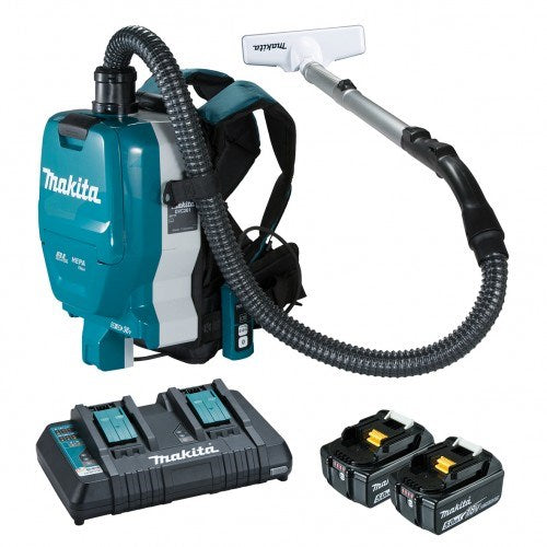 Makita 18Vx2 BRUSHLESS Backpack Vacuum Kit, 1.5L Tank Capacity - Includes 2 x 5.0Ah Batteries, Dual Port Rapid Charger